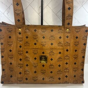 MCM Brown Visetos Canvas Tote Bag with Monogram Pattern